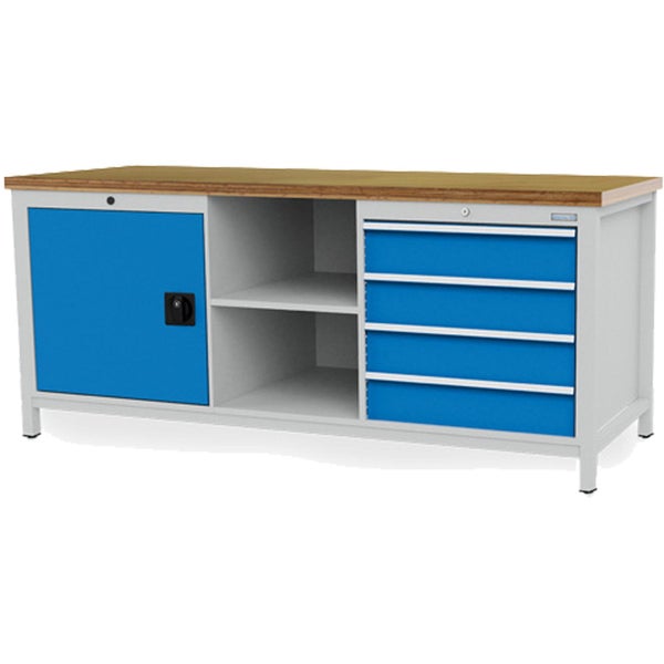Werkbank mit Holzplatte, einer blauen Tür, zwei offenen Regalfächern und vier blauen Schubladen auf einem grauen Metallgestell.