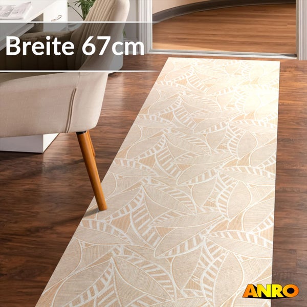 ANRO Logo. Teppichläufer mit Blättermuster auf Holzboden, Breite 67 Zentimeter. Wohnbereich mit Stuhl.