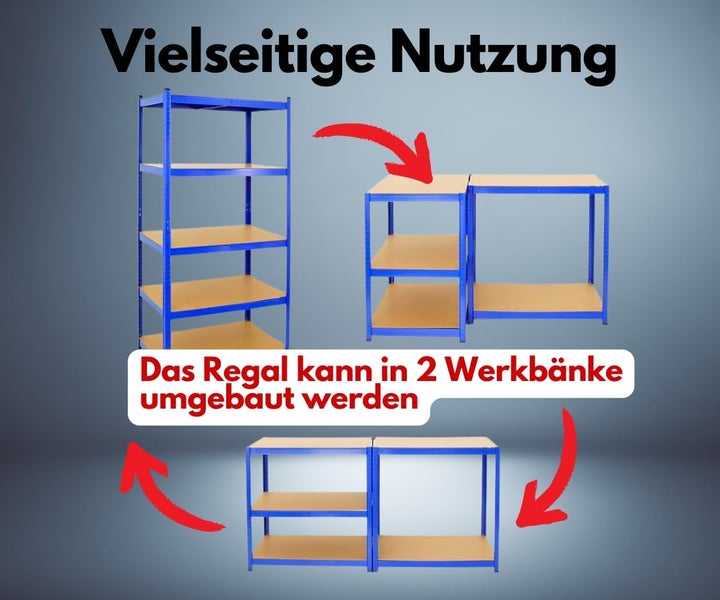 Vielseitiges Metallregal mit Holzböden, das zu zwei separaten Werkbänken umgebaut werden kann.
