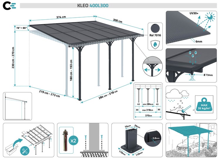 Terrassenüberdachung garten alu Grau KLEO - Höhe verstellbar 374x300x225/270 cm - mit Polycarbonat Dach Grau halbtransparent 6mm Auch Pergola/Carport