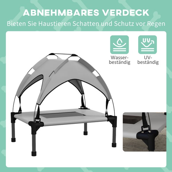 PawHut Erhöhtes Hundebett mit Baldachin, Haustierbett, Outdoor Hundeliege mit Dach, Atmungsaktiv, für Mini- und Kleinhunde Hellgrau Oxford 61 x 46 x 63 cm