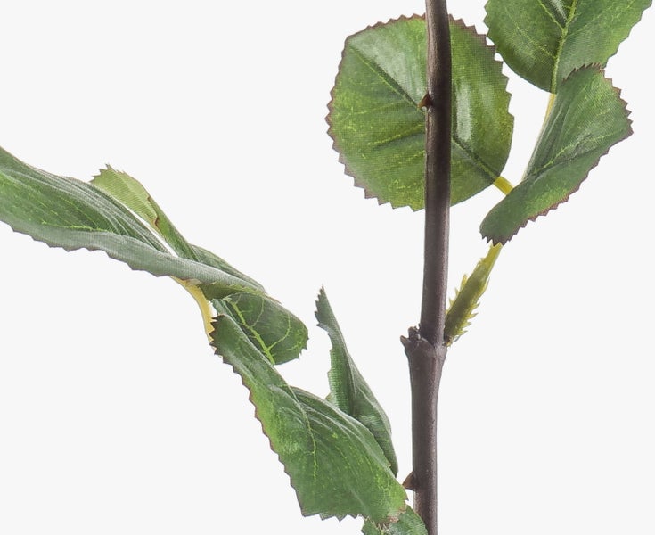 Künstlicher Pflanzenstiel mit grünen Blättern und kleinen Dornen.