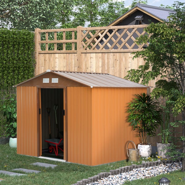 Outsunny Gerätehaus, Gartenhaus mit Bodenrahmen und Schiebetüren, wetterfest, 277 x 195 x 192 cm, Stahl, Gelb