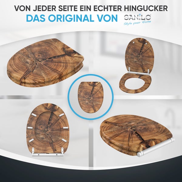 WC-Sitz von Sanilo mit Holzoptik in Baumscheiben-Design aus MDF, mit Absenkautomatik und Metallscharnieren, verschiedene Ansichten.
