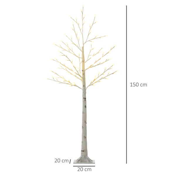 HOMCOM 150 cm Lichterbaum, Birkenbaum mit 120 Warmweiß 3 Helligkeitsstufen LED, Weihnachtsbaum Birken, Led Baum Kunstbirke für Party, Geburtstag, Hochzeit IP44 Weiß