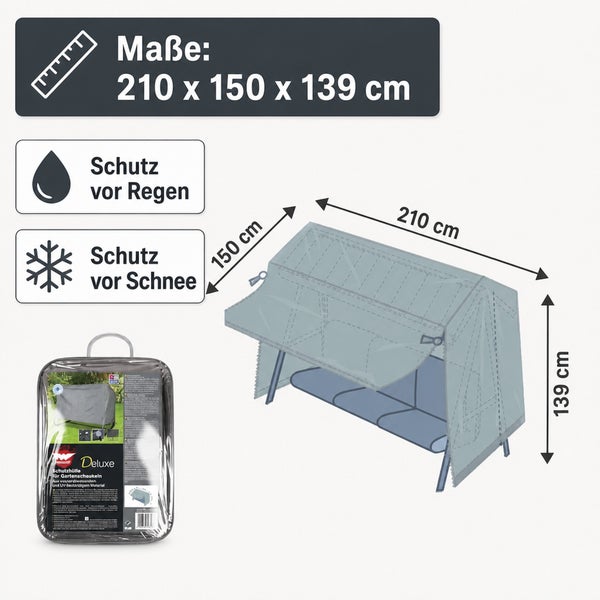 Schutzhülle für Gartenschaukel, Maße 210 mal 150 mal 139 Zentimeter, wetterfest, schützt vor Regen und Schnee, inklusive praktischer Tragetasche.