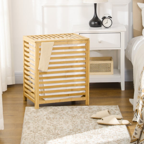 HOMCOM Wäschekorb Wäschetruhe 55L Wäschebox, Wäschesammler mit Deckel, Entnehmbarem Wäschesack, für Schlafzimmer, Bad, Bambus, 50 x 36 x 60 cm, Natur