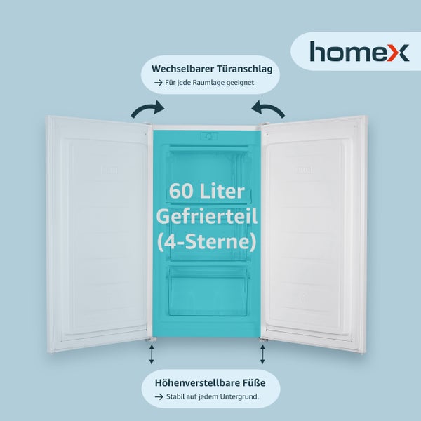 homeX Gefrierschrank Tiefkühlschrank klein 60L Nutzinhalt 4-Sterne Gefrieren Freezer kompakt freistehend weiß