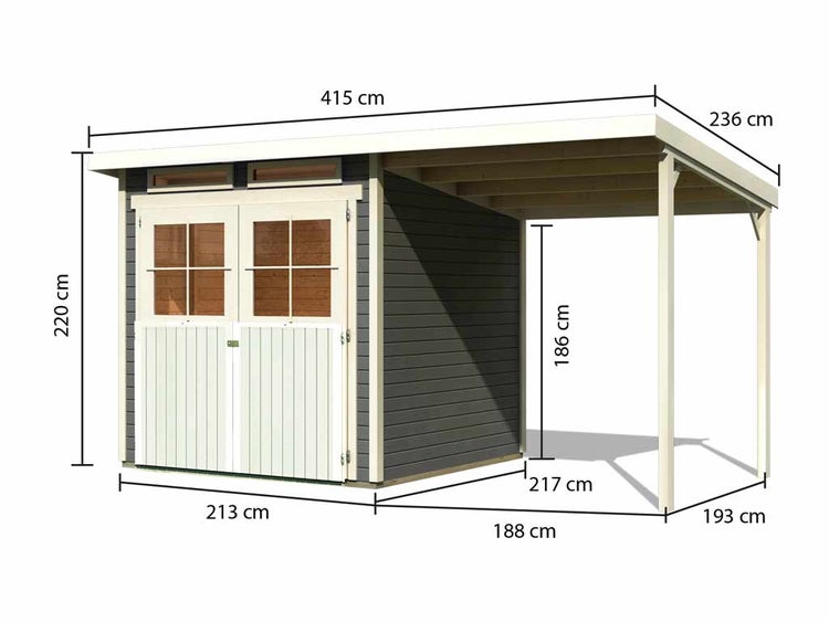 Gartenhaus mit Anbaudach und Maßangaben: Gesamtbreite 415 Zentimeter, Gesamttiefe 236 Zentimeter, Gesamthöhe 220 Zentimeter.