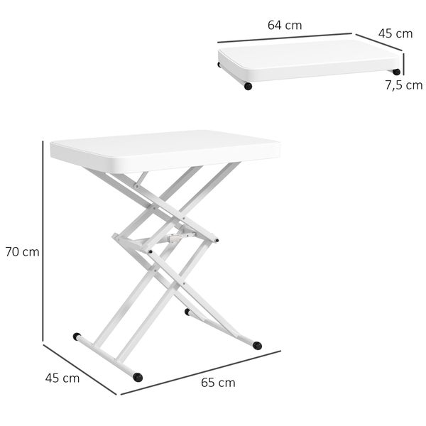 Outsunny Beistelltisch Garten höhenverstellbar Gartentisch, klappbar Balkontisch aus Kunststoff, rechteckig Kaffeetisch 50kg belastbar, 65x45x70H cm Sofatisch für Outdoor Indoor Balkon Terrasse Weiß
