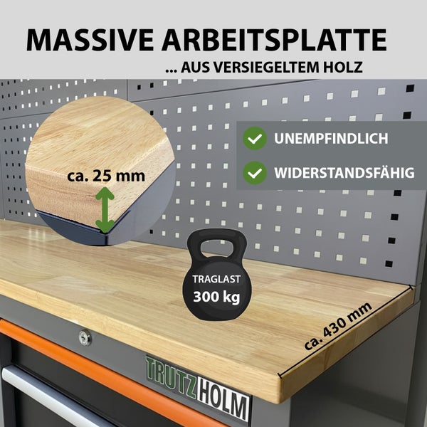 Massive Werkbankplatte aus versiegeltem Holz, 25 mm dick, Traglast 300 kg, unempfindlich und widerstandsfähig