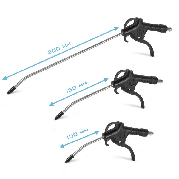 Druckluftpistolen in verschiedenen Größen: 300 mm, 150 mm und 100 mm.
