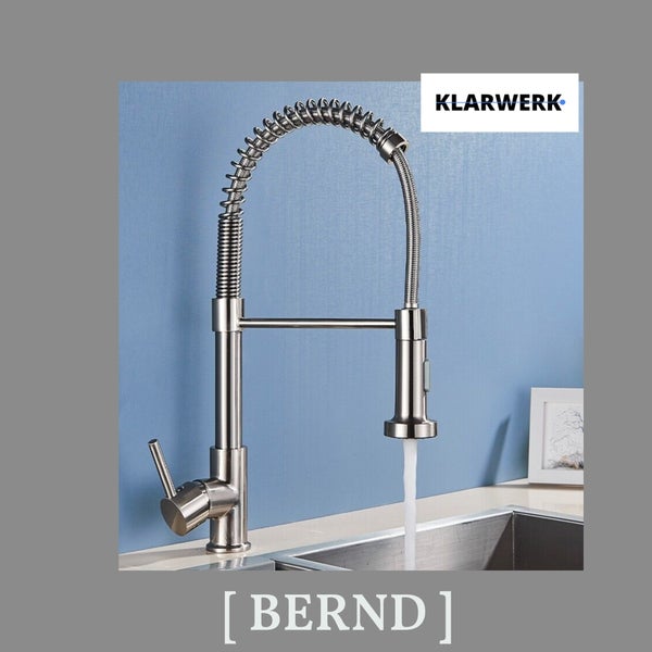 KLARWERK Spültischarmatur BERND, professionelle Spiralfederarmatur aus Edelstahl mit Einhebelmischer und KLARWERK Logo.