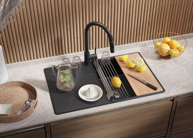 PRIMAGRAN Spülbecken Anthrazit 78x50cm, Granitspüle 1 Becken + Ablauf-Set + Schneidebrett, Küchenspüle ab 50er Unterschrank - Kopenhagen