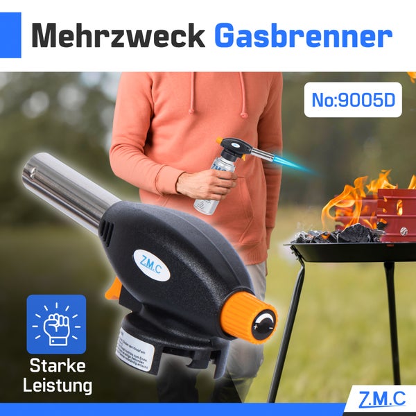 Z.M.C Gasbrenner + 8x Gaskartuschen 227g, Flambierbrenner Temperatur bis zu 1300°C, Schweißbrenner mit Piezo-Zündung, Bunsenbrenner Lötbrenner 1,3 KW, Brenneraufsatz mit einstellbarer Flamme