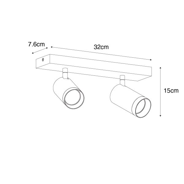 Technische Zeichnung einer Deckenleuchte mit zwei Strahlern und Maßangaben