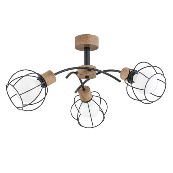Dreiflammige Deckenleuchte mit Metallgitter und Holzelementen im Industriedesign