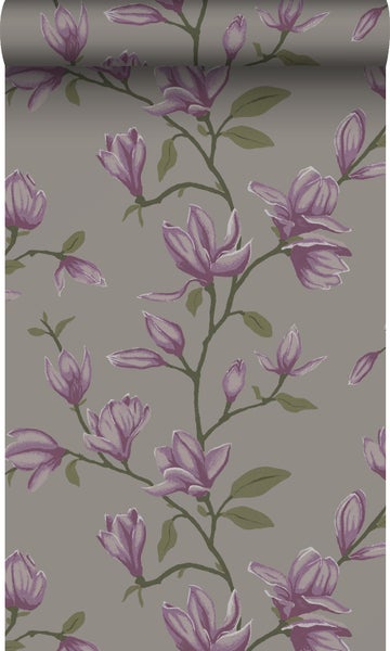 Origin Wallcoverings Tapete Magnolie Taupe und Aubergineviolett - 53 cm x 10,05 m - 347052