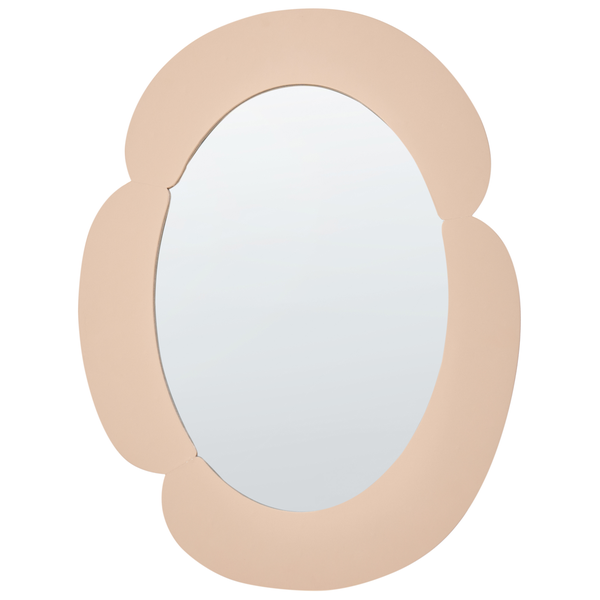 Ovaler Wandspiegel mit dekorativem, breitem Rahmen aus vier abgerundeten Segmenten.