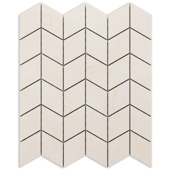 Mosaikfliese mit Chevron-Muster aus Rauten in heller Steinoptik.