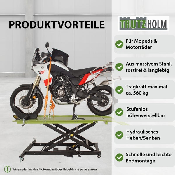 Motorrad auf hydraulischer Hebebühne mit Produkteigenschaften