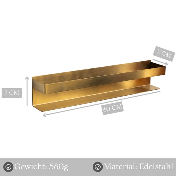 Wandregal aus Edelstahl mit den Maßen 40 Zentimeter mal 7 Zentimeter mal 7 Zentimeter und einem Gewicht von 580 Gramm.