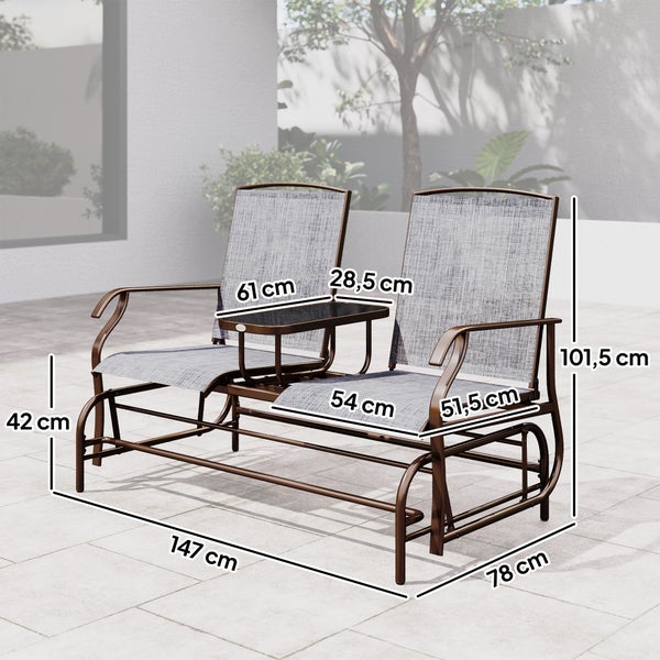 Garten-Schaukelbank für zwei Personen mit Tisch, Metall und Textil. Maße in Zentimeter: Breite 147, Höhe 101,5, Tiefe 78, Sitzhöhe 42.