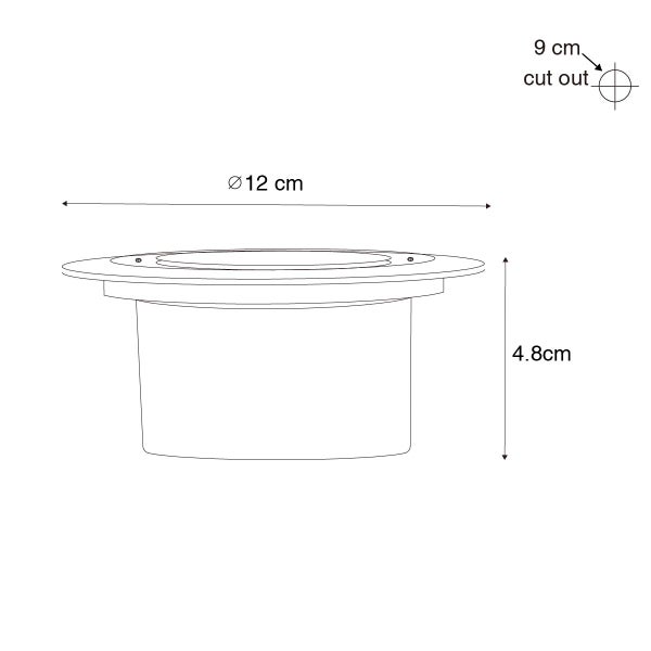 Technische Zeichnung einer Einbauleuchte mit 12 Zentimeter Durchmesser, 4,8 Zentimeter Höhe und 9 Zentimeter Lochausschnitt.