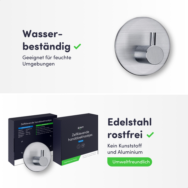 Selbstklebender Handtuchhaken aus rostfreiem Edelstahl, wasserbeständig und umweltfreundlich, inklusive Verpackung mit EAVY Logo.
