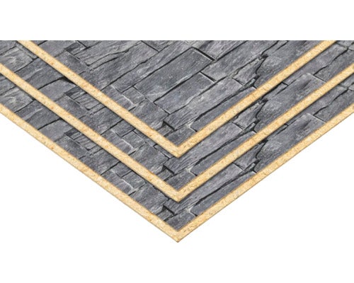 Drei Wandpaneele in Steinoptik Schiefergrau aus Holzwerkstoff für die dekorative Wandverkleidung im Innenbereich.