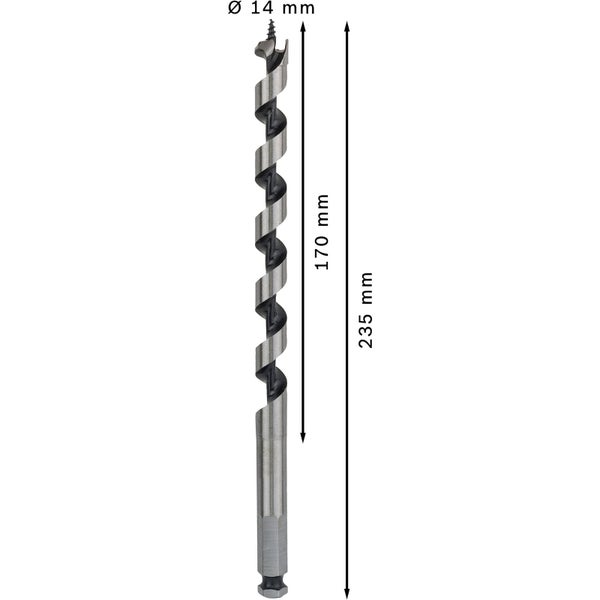 Holzbohrer mit einem Durchmesser von 14 Millimetern und einer Länge von 235 Millimetern.