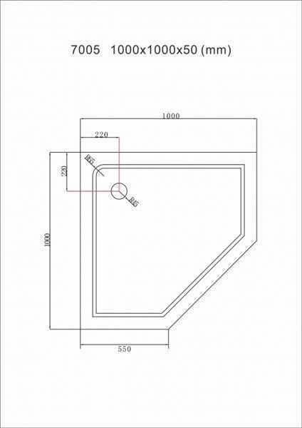 Technische Zeichnung einer Duschwanne mit Abmessungen 1000x1000x50 Millimeter
