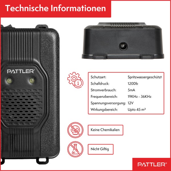 PATTLER® Marderschreck Auto mit Blitzlicht - Flexible Stromversorgung - 12V Autobatterie, AA-Batterie oder USB - Effektiver Marderschutz für Auto, Garten, Dachboden - 1 Stück