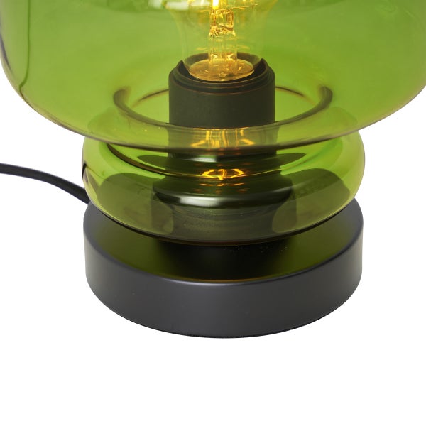 Tischleuchte mit schwarzem Fuß und Lampenschirm aus Glas