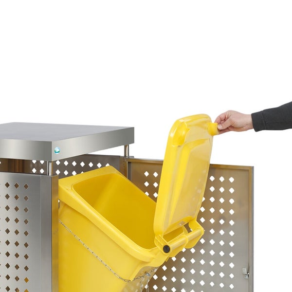 Mülltonnenbox aus Edelstahl mit Kippvorrichtung und geöffneter gelber Mülltonne.
