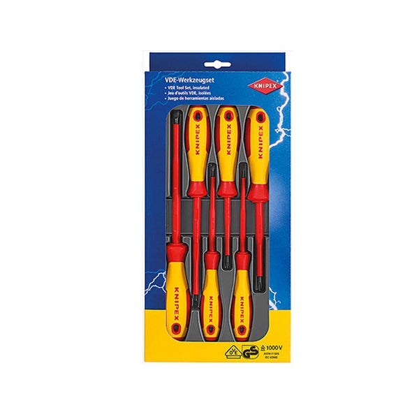 Sechsteiliger Knipex VDE-Schraubendrehersatz, isoliert bis 1000 Volt, elektrisch sicherheitsgeprüft, Knipex Logo auf der Verpackung.