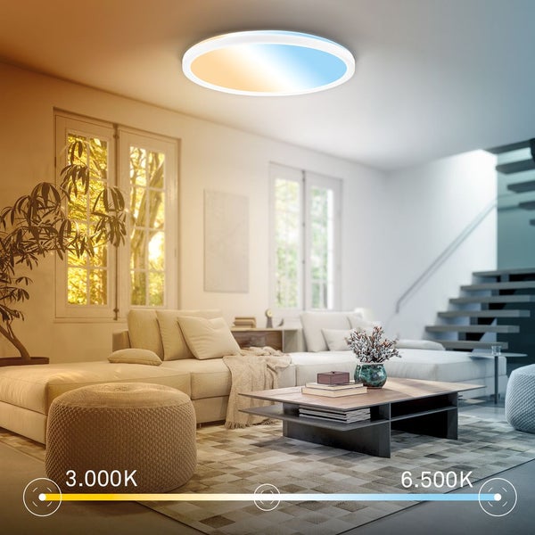 Wohnzimmer mit runder Deckenleuchte mit einstellbarer Farbtemperatur
