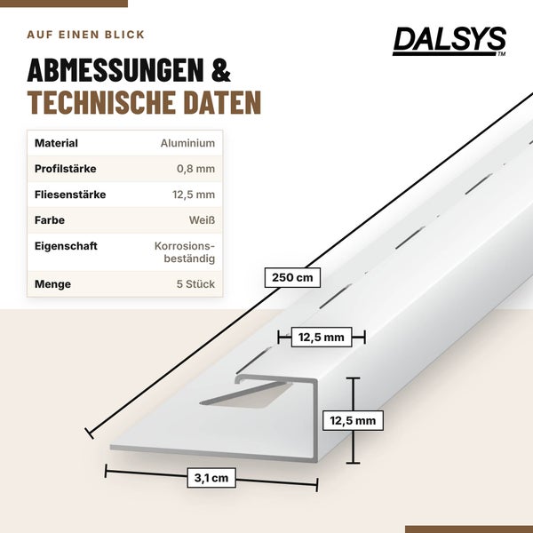 Dalsys Fliesenprofil aus Aluminium mit 12,5 Millimeter Profilstärke, 250 Zentimeter Länge und korrosionsbeständigen Eigenschaften