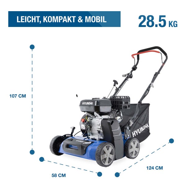Hyundai Benzinrasenmäher mit Fangkorb, 28,5 Kilogramm Gewicht, Abmessungen 124 mal 58 mal 107 Zentimeter.
