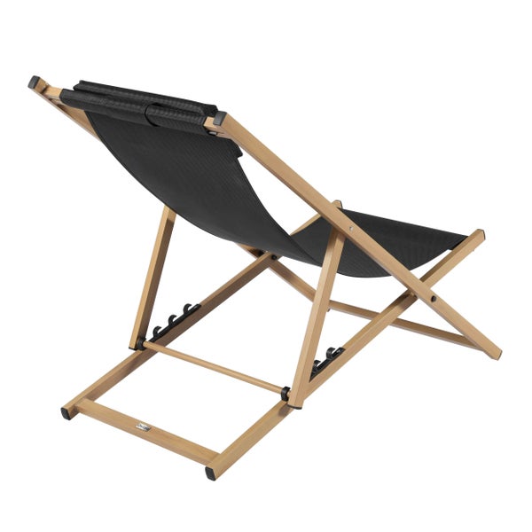 Liegestuhl aus Holz mit schwarzem Stoffbezug und Kopfstütze, verstellbare Rückenlehne, klappbar.