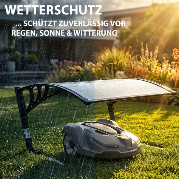 Mähroboter-Garage schützt einen Mähroboter auf dem Rasen zuverlässig vor Regen und Sonneneinstrahlung im Garten.