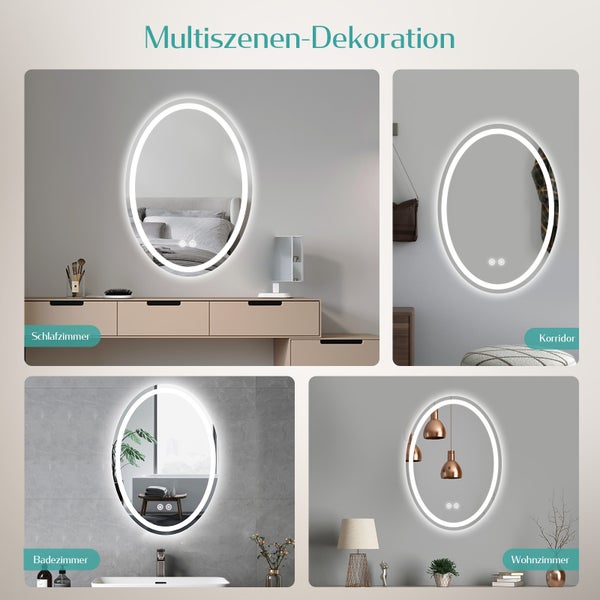 Multiszenen-Dekoration mit ovalen Spiegeln und LED-Beleuchtung für Schlafzimmer, Korridor, Badezimmer und Wohnzimmer