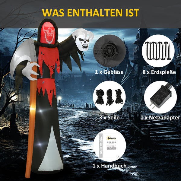 Inhalt: Halloween Deko-Aufblassfigur, Gebläse, acht Erdspieße, drei Seile, Netzadapter, Bedienungsanleitung.