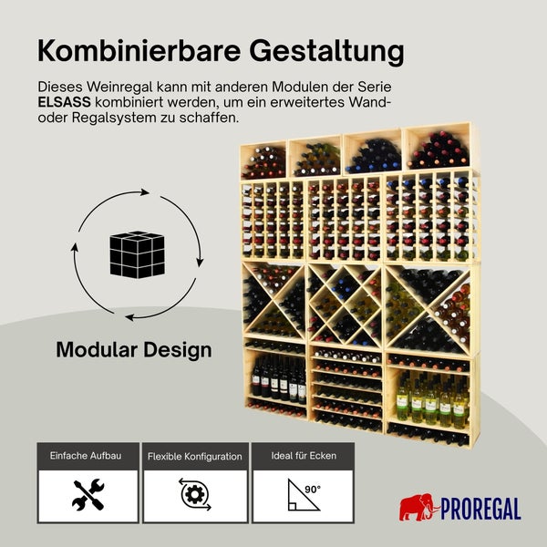 Modulares Weinregal aus Holz der Serie Elsass von Proregal, flexibel kombinierbar und befüllt mit zahlreichen Weinflaschen.