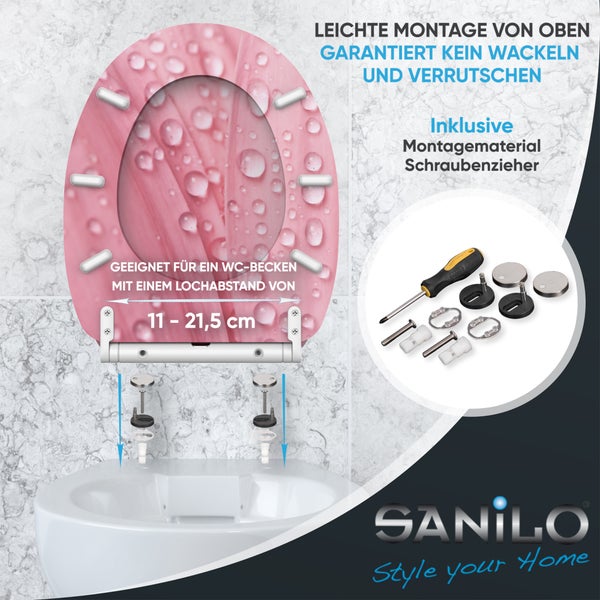 Sanilo WC-Sitz mit rosa Blättern und Wassertropfen. Montage von oben mit Werkzeug. Lochabstand 11 bis 21,5 Zentimeter. Sanilo Logo.
