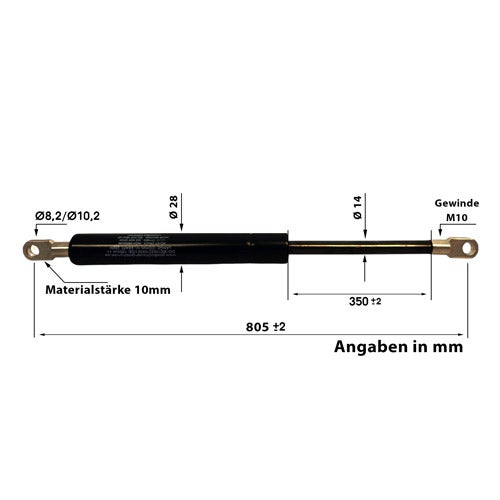 Gasdruckfeder mit technischen Maßen: 805 Millimeter Gesamtlänge, 350 Millimeter Hub, 28 Millimeter Gehäusedurchmesser und M10 Gewinde.
