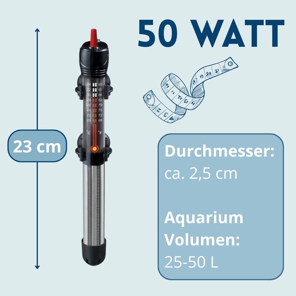 Informationen zum Aquariumheizer mit 50 Watt, einer Länge von 23 Zentimetern und einem Durchmesser von circa 2,5 Zentimetern für ein Aquariumvolumen von 25 bis 50 Liter.