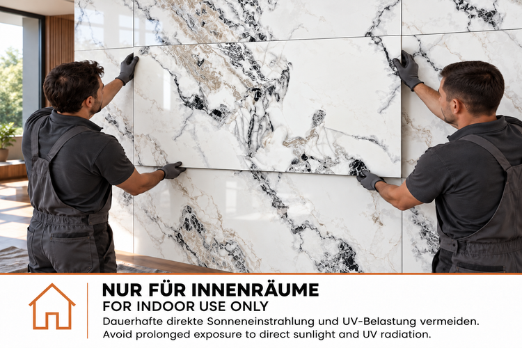 Zwei Handwerker verlegen großformatige Wandfliesen mit Marmoroptik im Innenraum. Symbol für ausschließliche Verwendung in Innenräumen.