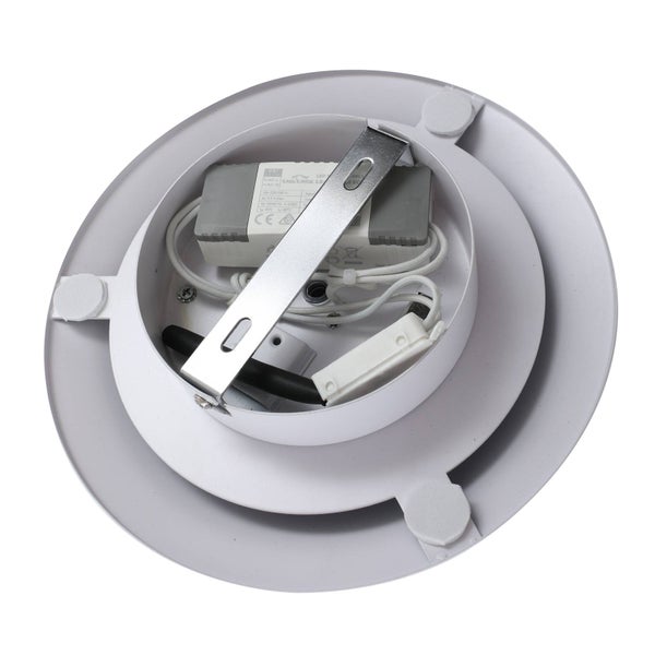 Rückansicht einer runden LED-Deckenleuchte mit Montagebügel, LED-Treiber und Anschlusskabeln.