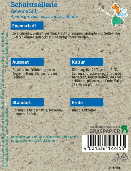 Rückseite der Samentüte für Schnittsellerie mit Informationen zu Aussaat, Kultur, Standort und Ernte auf nachhaltigem Graspapier.